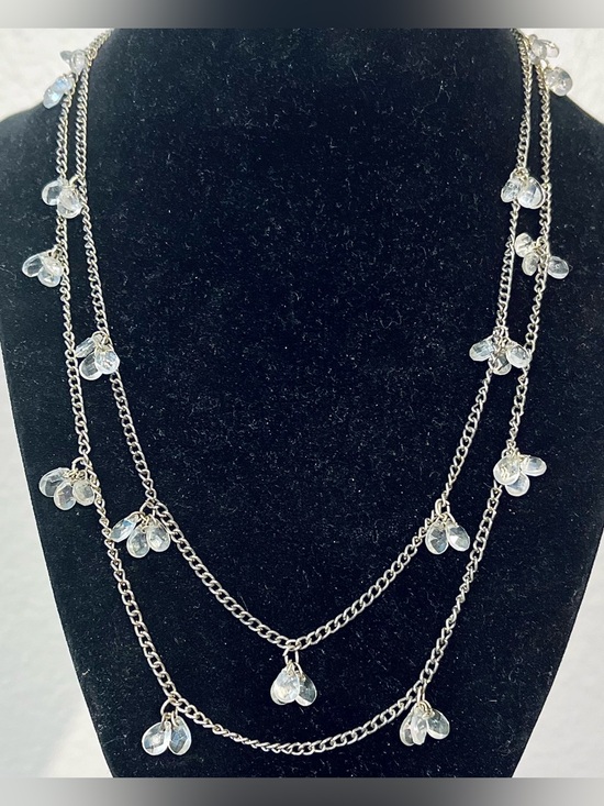 Vintage Jewelry - Vintage Layered Silver Chain Necklace with Clear Crystal Drops